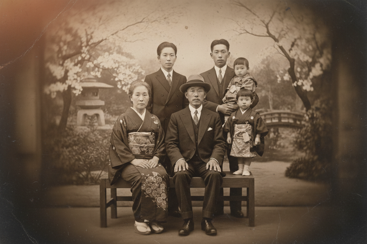 foto de familia japonesa tomada con una camara antigua que da nostalgia